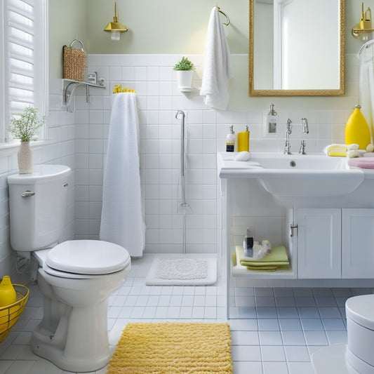 A spotless white bathroom with a gleaming sink, toilet, and shower, surrounded by cleaning tools like a mop, bucket, and disinfectant sprays, with a few strategically-placed lemons and microfiber cloths.