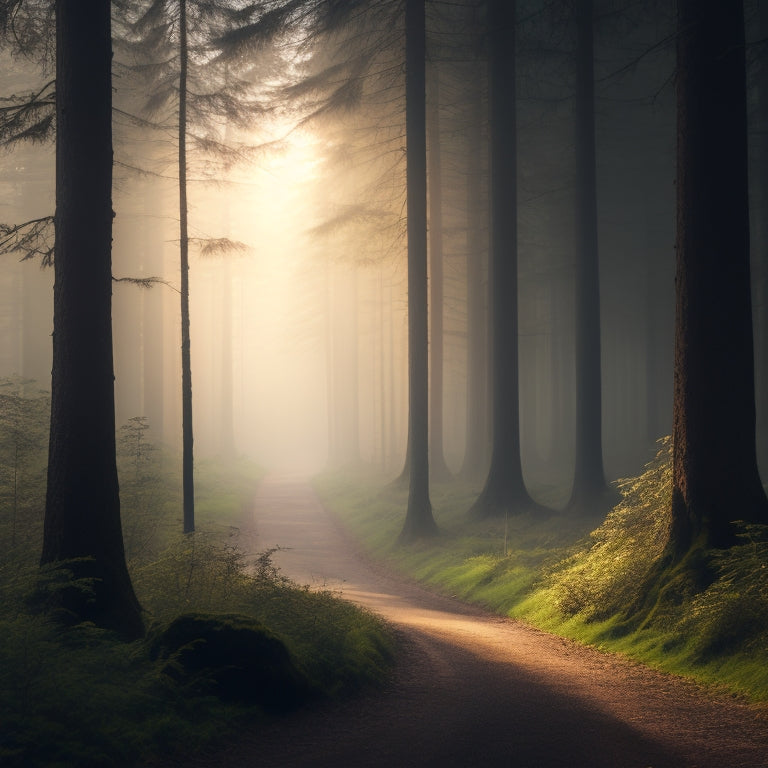 A serene, misty forest with a winding path, illuminated by a soft, warm light, featuring a lone figure in the distance, looking up towards a breaking dawn, symbolizing hope and new beginnings.