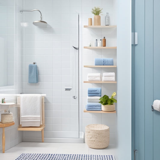 A minimalist bathroom with a compact shower cubicle featuring a wall-mounted shelf with three woven baskets, a suction-cup soap dish, and a retractable shower caddy holding a loofah and body wash.