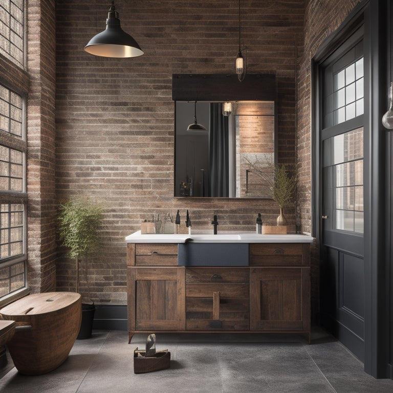 A sleek industrial bathroom featuring a combination of reclaimed wood and steel cabinets, accented with matte black fixtures, exposed brick walls, and vintage-style mirrors, illuminated by soft pendant lighting for a warm ambiance.