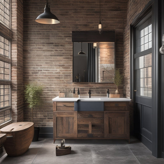 A sleek industrial bathroom featuring a combination of reclaimed wood and steel cabinets, accented with matte black fixtures, exposed brick walls, and vintage-style mirrors, illuminated by soft pendant lighting for a warm ambiance.