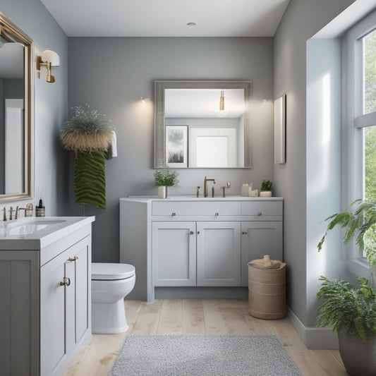 A serene bathroom interior with three adjacent walls featuring distinct modern colors: a soothing light gray, a calming misty blue, and a warm beige, surrounded by sleek fixtures and lush greenery.