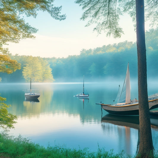 A serene morning scene of Walden Pond: mist rises from the calm water, surrounded by lush greenery and tall trees, with a few sailboats docked at the shore, under a soft blue sky.