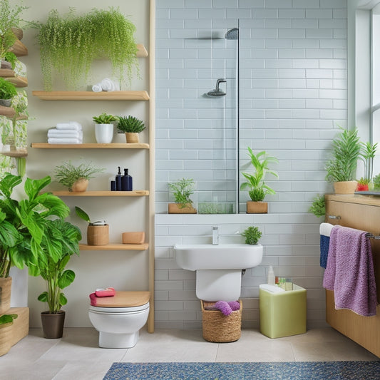 A cozy, modern small bathroom featuring sleek shower caddies filled with colorful toiletries, hanging neatly on a tiled wall, surrounded by vibrant plants and elegant decor, showcasing effective storage solutions in a limited space.