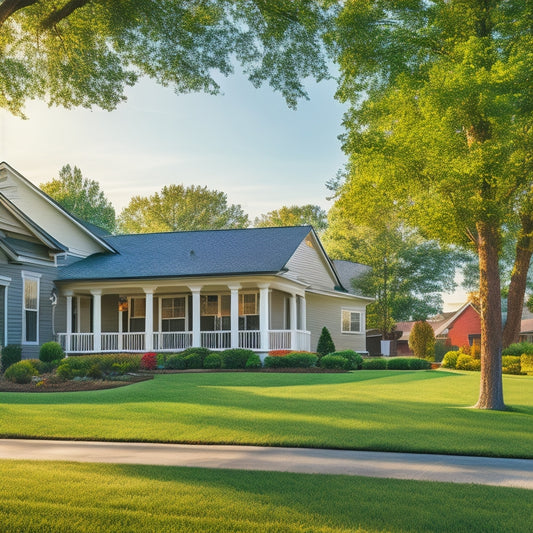 A serene suburban neighborhood with diverse, modest homes, featuring a warm, sunny background, with a few trees and a subtle American flag waving in the breeze.