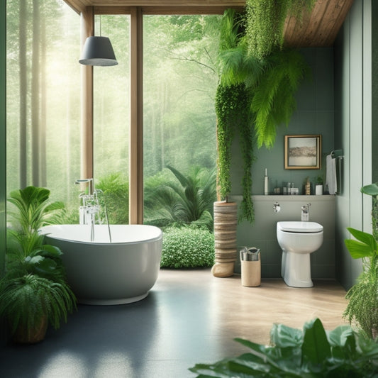 A serene bathroom scene featuring a freestanding tub, a wall-mounted sink, a toilet with a bidet, and a shower area with a rainfall showerhead and body sprays, surrounded by lush greenery.