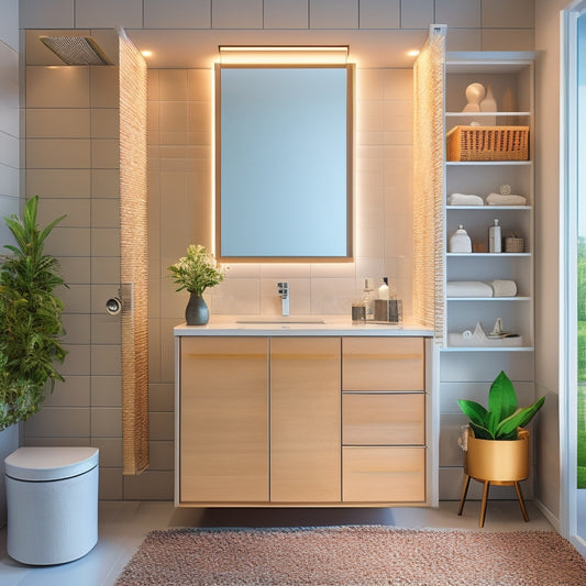 A stylish, modern bathroom with a wall-mounted cabinet featuring a mirrored front, a recessed medicine cabinet with LED lighting, and a freestanding tub surrounded by woven storage baskets.