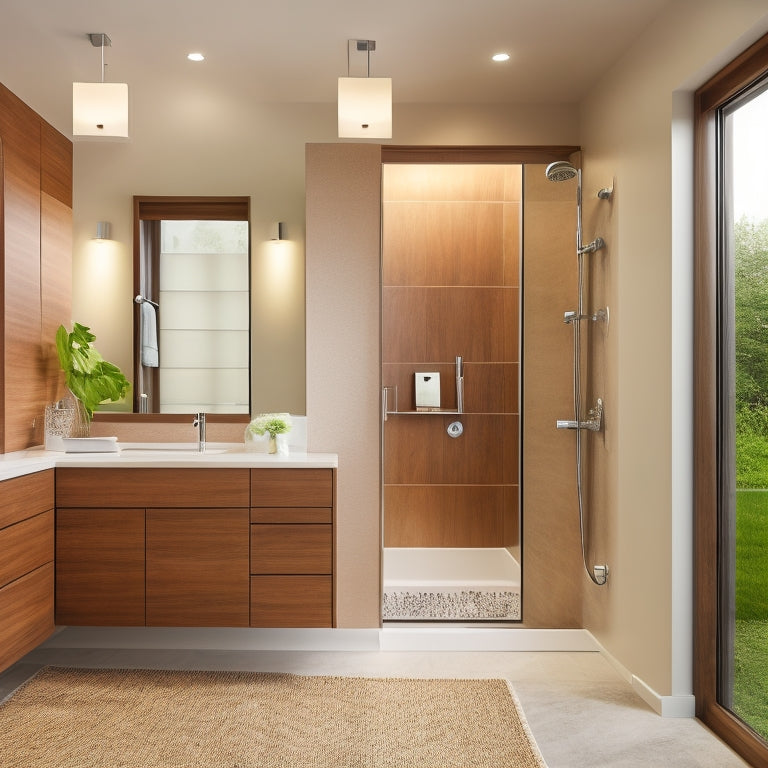 A serene, modern bathroom with sleek, wall-to-wall built-in cabinetry in a warm, honey-brown wood tone, featuring recessed LED lighting, a floating vanity, and a spacious, walk-in shower with a rainfall showerhead.