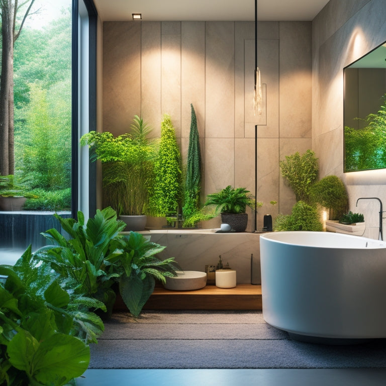 A serene bathroom scene with a freestanding tub, surrounded by floor-to-ceiling glass walls, lush greenery, and a minimalist sink with a wall-mounted faucet, illuminated by soft, warm LED lighting.