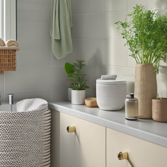 A tidy bathroom with a wall-mounted shelf holding a woven basket, a few rolled towels, and a small potted plant, alongside a minimalist countertop with a single, sleek soap dispenser.