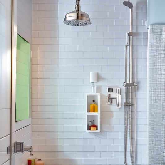 A modern, sleek shower with three wall-mounted shelves in polished chrome, holding various bathroom essentials, against a backdrop of white subway tiles and a rainfall showerhead.