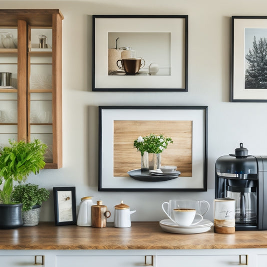 A bright and airy kitchen counter with a refurbished coffee station, featuring a distressed wood shelf, a few decorative vases, and a few free print art pieces in minimalist black frames.