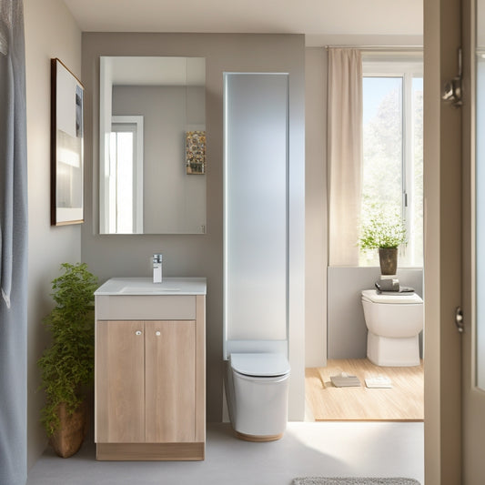 A serene, modern small bathroom with a wall-mounted sink, a toilet with a hidden storage compartment, and a mirrored cabinet with a sliding door, surrounded by calming white and gray tones.