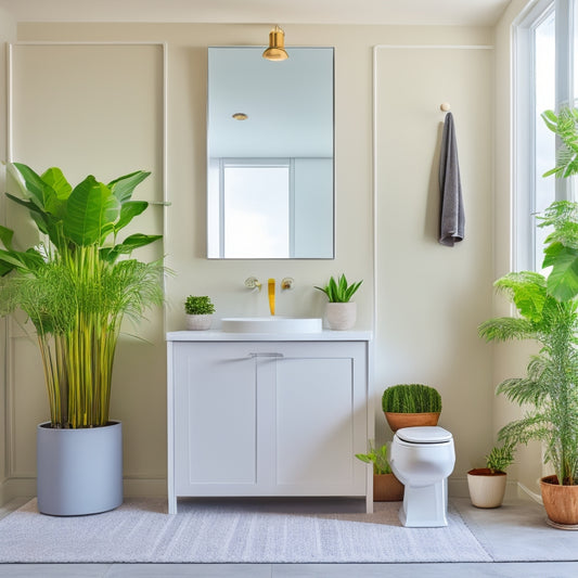 A serene, high-contrast bathroom with sleek, floor-to-ceiling storage cabinets in matte white, paired with a freestanding tub, minimalist mirror, and a few strategically placed potted plants.