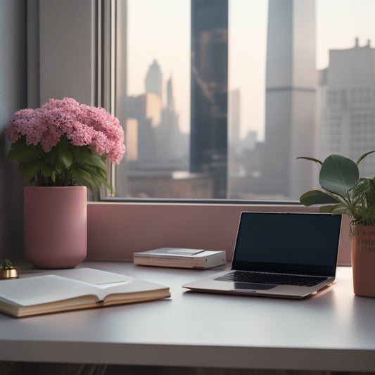 A minimalist desk setup with a sleek laptop, a small potted plant, and a tidy stack of colorful notebooks, surrounded by a subtle, blurred-out cityscape background in warm, pastel hues.