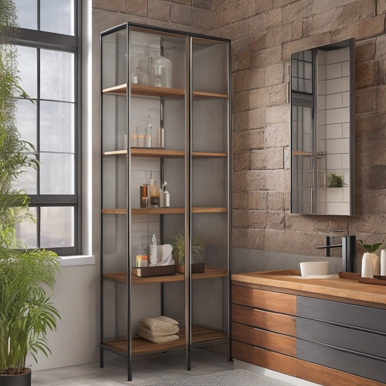 A sleek, tall industrial bathroom cabinet with a metal frame and wooden shelves, positioned in a narrow space. Soft, ambient lighting highlights its rustic finish against a minimalist tiled backdrop.