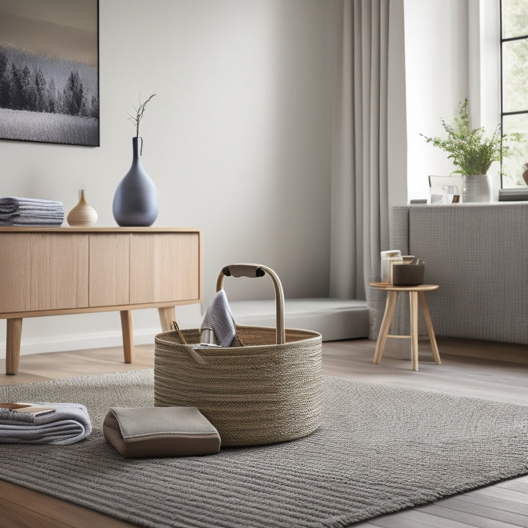 A tidy, modern living room with a few, carefully-placed housekeeping tools, such as a sleek vacuum, a woven basket filled with folded linens, and a minimalist cleaning caddy on a polished wooden floor.