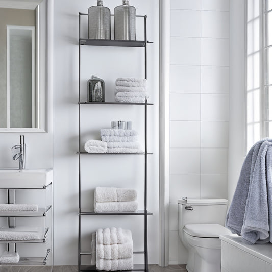 A modern bathroom with a wall-mounted, ladder-like shelving unit in a polished chrome finish, holding rolled towels, toiletries, and decorative glass bottles, against a soft gray background.