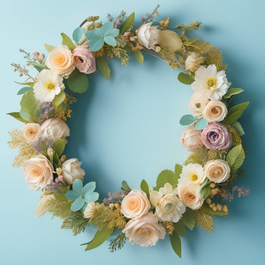 A delicate, hand-painted floral wreath with pastel-hued blooms and lush greenery, suspended within a soft, white, ornate frame, adorned with subtle, golden accents, against a creamy background.