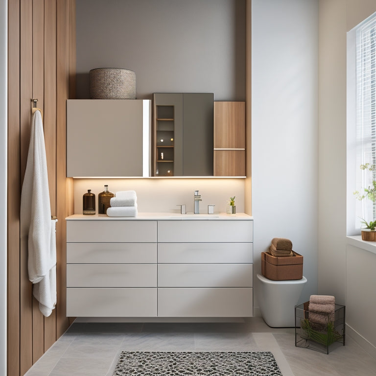 A modern bathroom with a sleek, wall-mounted storage unit featuring multiple drawers, shelves, and a built-in towel rack, surrounded by a minimalist aesthetic and soft, warm lighting.