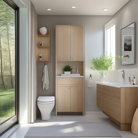 A sleek, modern bathroom with a wall-mounted cabinet featuring sliding glass doors, a pedestal sink with a built-in drawer, and a recessed medicine cabinet above a compact toilet.