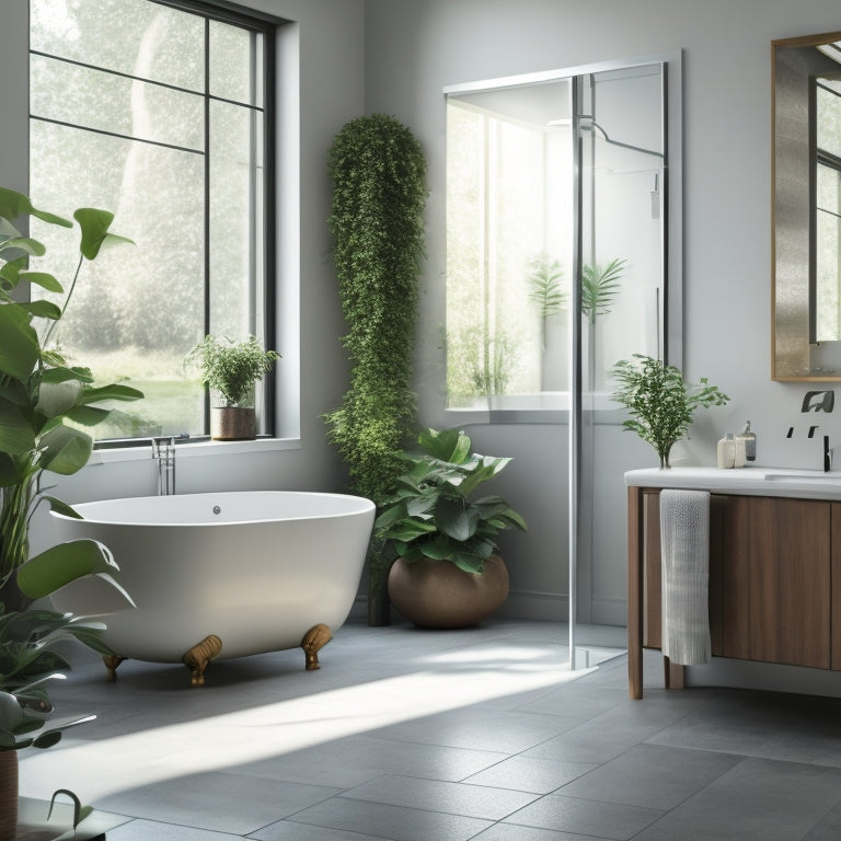 A serene bathroom scene featuring a sleek, white freestanding tub centered amidst a minimalist, gray-tiled floor, surrounded by lush greenery, with a modern faucet and subtle, warm lighting.