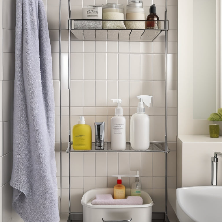 A clean, modern shower with a recessed shelf, chrome storage basket, and wall-mounted shower caddy, showcasing a neatly organized arrangement of toiletries, towels, and shower products.