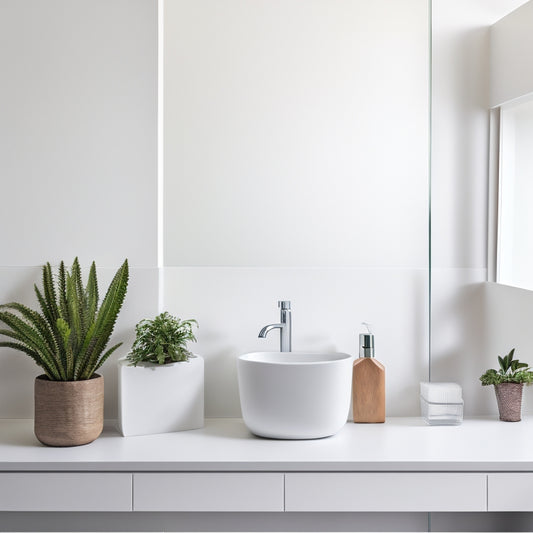 A sleek, minimalist bathroom with a wall-mounted, geometric-shaped shelf in polished chrome, holding a few carefully arranged toiletries and a potted succulent, against a soft, creamy white background.