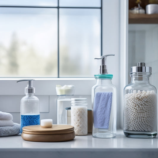 A tidy bathroom countertop with assorted bathroom essentials, like toothbrushes, cotton balls, and Q-tips, nestled in transparent glass jars with removable, color-coded labels in various shapes and sizes.
