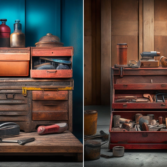 A before-and-after composition: a cluttered, rusty toolbox overflowing with disorganized tools on the left, transformed into a sleek, modern storage chest with neatly arranged tools and a sliding drawer on the right.