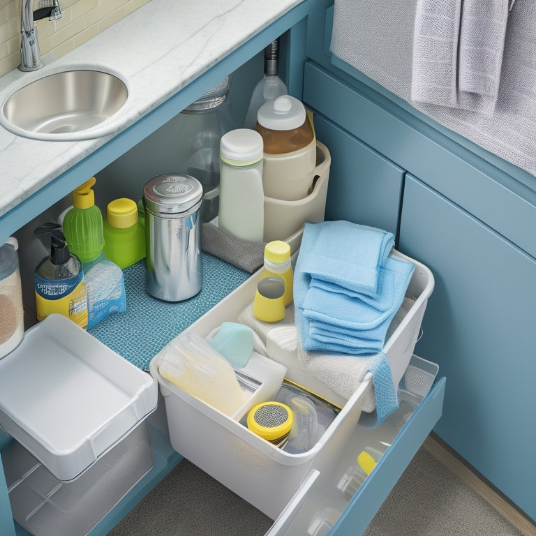 An organized under-sink area with a slide-out drawer, baskets, and a curved pipe cover, surrounded by a few cleaning supplies and a small trash can, with a subtle kitchen background.