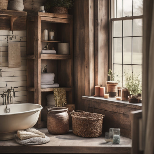 A cozy rustic bathroom featuring reclaimed wood shelves adorned with vintage jars, woven baskets, and potted herbs, alongside a clawfoot tub, antique mirror, and soft natural lighting filtering through a frosted window.