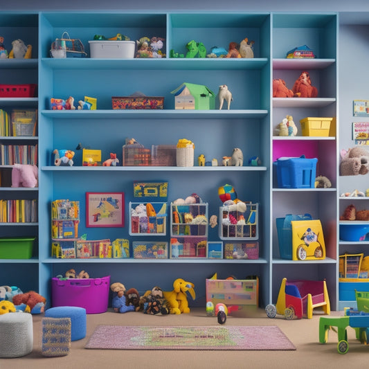 A colorful, tidy playroom with a shelf of toy bins, each with removable, color-coded labels featuring icons of toys, blocks, and stuffed animals, surrounded by organized toys and a few stray blocks.