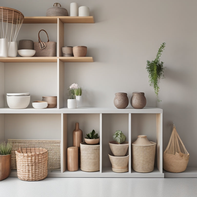 A serene, minimalist apartment with a few cleverly hidden storage compartments, a sleek, wall-mounted shelf, and a few tasteful, woven baskets, all in a calming, muted color palette.