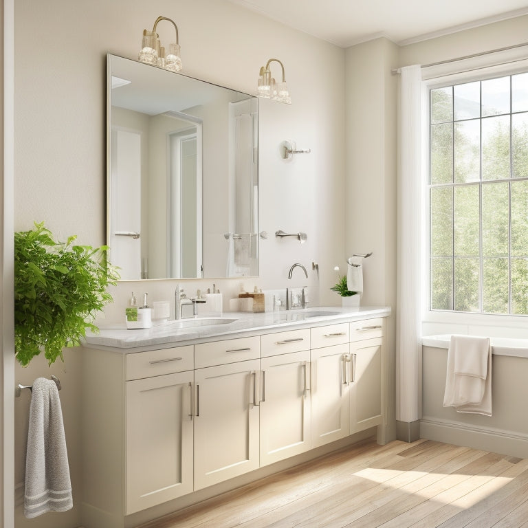 A serene, modern bathroom with white corner cabinets featuring soft-close doors, sleek chrome hardware, and a reflective mirror above a minimalist sink, surrounded by creamy walls and warm, natural light.