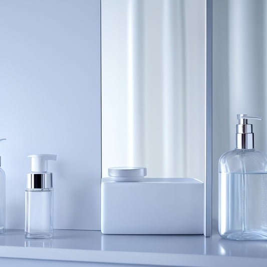 Generate an image of a sleek, white bathroom with a wall-mounted, rectangular floating shelf in a polished chrome finish, holding three minimalist, glass toilette bottles and a small, round soap dispenser.