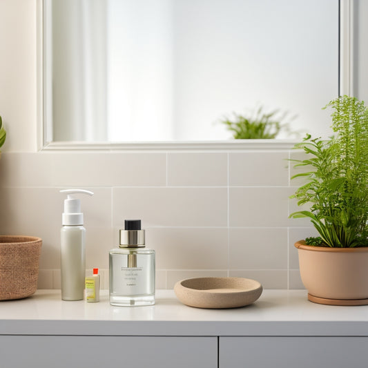 A clutter-free bathroom countertop with a few neatly arranged toiletries, a small potted plant, and a minimalist decorative vase, set against a clean, white background with soft, natural light.