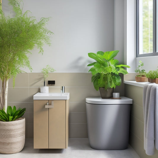 A minimalist, modern bathroom with a clutter-free countertop, featuring a sleek sink, a small potted plant, and a few strategically placed, stylish storage containers in a calming color scheme.