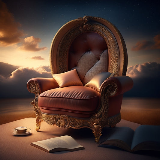 An open book with glowing pages, surrounded by swirling clouds and shining stars, on a comfortable, cushioned armchair, set against a warm, golden-brown background with subtle bookshelf textures.