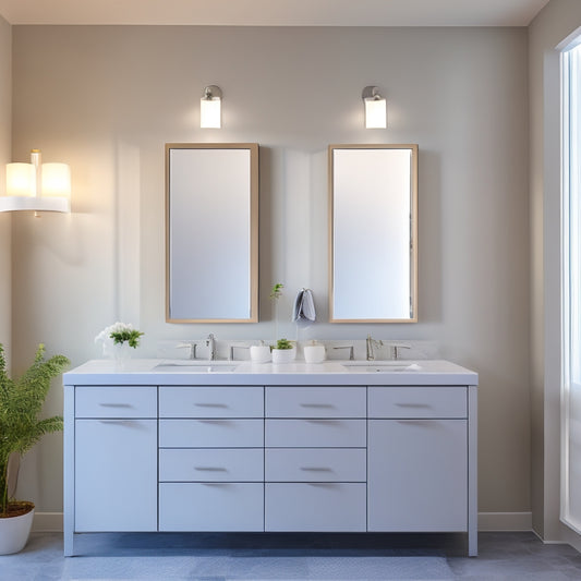 A serene, minimalist bathroom with soft, warm lighting, featuring three sleek, wall-mounted medicine cabinets with mirrors, varying in shape and size, against a calming, light-gray background.