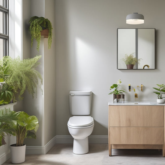 A serene, minimalist bathroom with a wall-mounted cabinet, a pedestal sink, and a compact toilet, surrounded by soft, natural light and a few potted plants on a floating shelf.