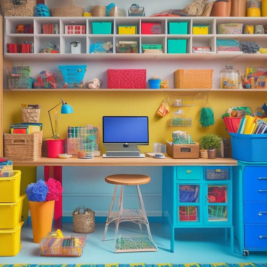 A vibrant, clutter-free workspace with hundreds of colorful, intricately designed organizational tools, such as baskets, bins, and shelves, arranged in a harmonious, 3D collage.