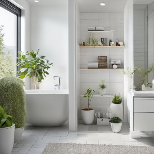 A sleek, modern white bathroom with large, wall-mounted shelves in a geometric shape, holding decorative towels, candles, and plants, surrounded by gleaming chrome fixtures and a freestanding tub.