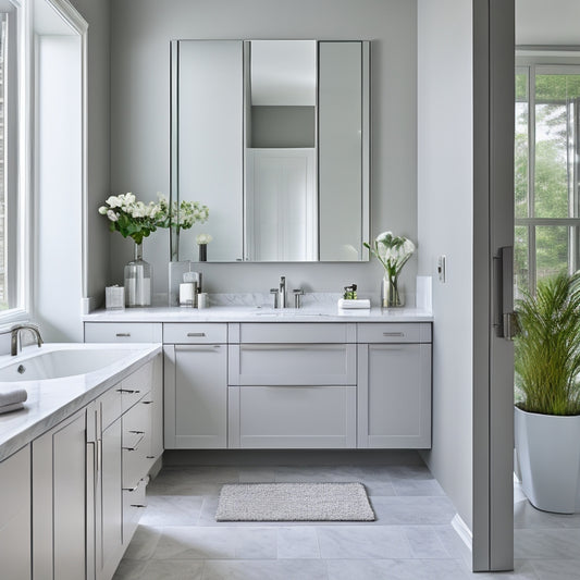 A sleek, modern bathroom with a custom corner cabinet featuring a curved glass door, chrome hardware, and a soft-close drawer, surrounded by white marble countertops and gray walls.