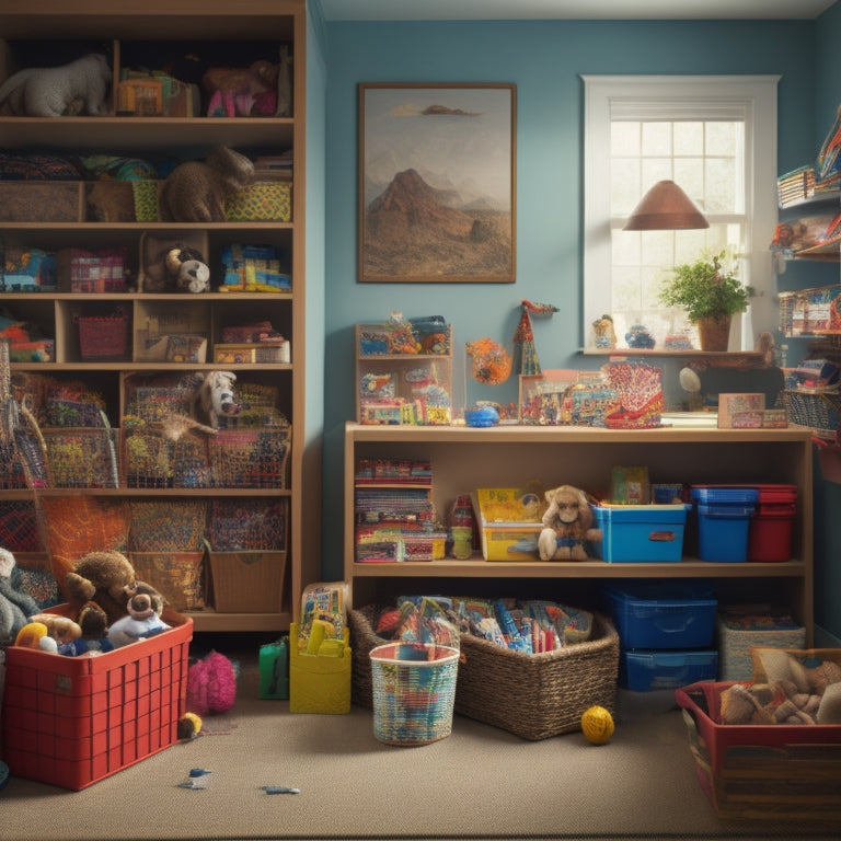 A cluttered playroom with toys, books, and craft supplies scattered everywhere, contrasted with a tidy and organized storage system in the background, featuring labeled bins and shelves.