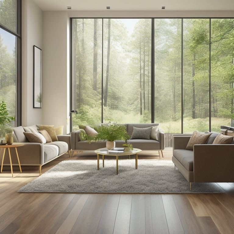 Generate an image of a serene, modern living room with warm, honey-brown hardwood floors, a plush area rug, and a large window with a sunny, green forest view.