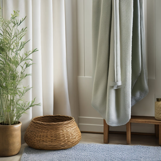 A serene bathroom scene: a vase with fresh eucalyptus, a pedestal sink with a decorative soap dispenser, a woven basket holding rolled towels, and a shower curtain with a subtle botanical print.