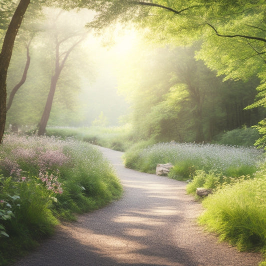 A serene landscape with a winding, stone-paved path surrounded by lush greenery, blooming wildflowers, and a few towering trees, with a subtle, shimmering light in the distance.