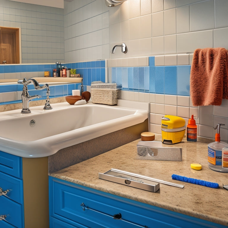 An image of a bathroom countertop with a sink, faucet, and surrounding tools, including a tape measure, level, and wrench, amidst a backdrop of tile, cabinets, and a mirror.