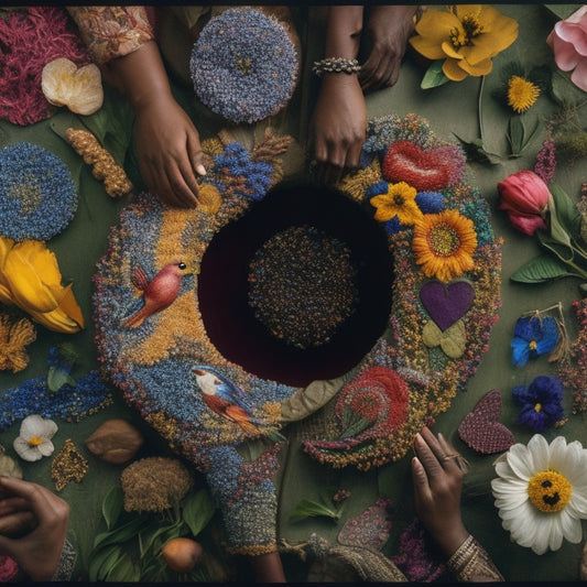 A vibrant, rainbow-colored mosaic background featuring intertwined hands of diverse skin tones, surrounded by symbols of love, unity, and freedom, such as hearts, flowers, and birds in flight.